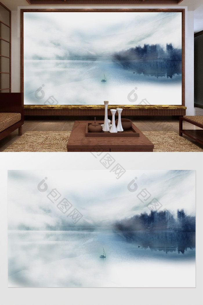 现代新中式云雾山水背景墙图片图片