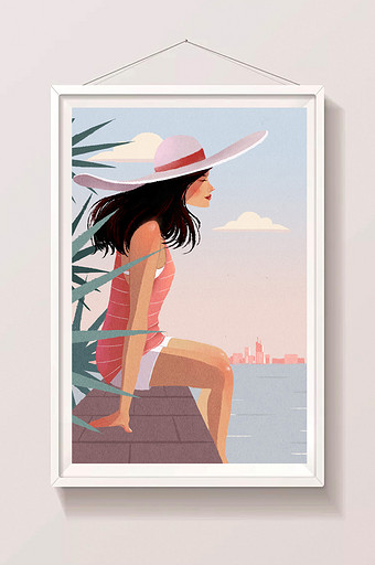 粉色清新唯美天空大海边度假女性手绘插画图片