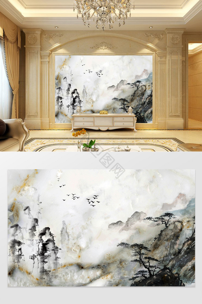 新中式3D大理石纹山水日出背景墙四季常青