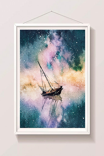 蓝色调清新夏夜大海星空小船水彩手绘素材图片