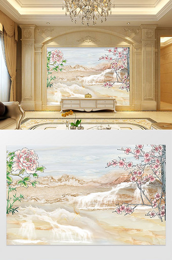 高清3D大理石纹山水花日出背景墙九州桃源图片