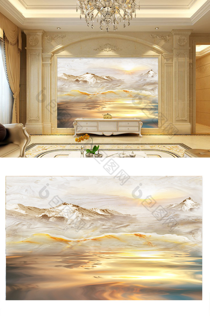 高清3D大理石纹山水花日出背景墙山水映象图片图片