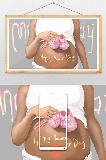灰色调唯美写实母亲节孕妇插画图片