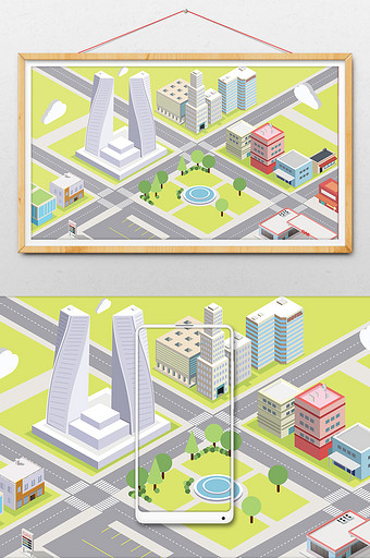 小清新25D立体城市场景插画图片