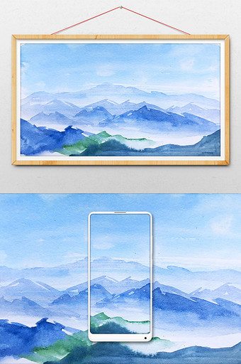 蓝色清新山水水彩手绘扁平背景素材图片