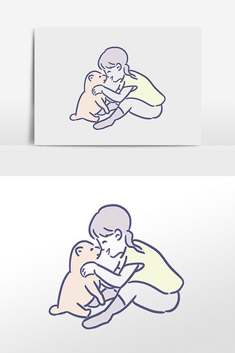 卡通简笔小女孩和小狗手绘元素插画图片