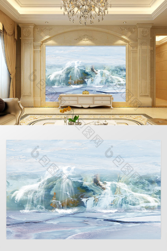 高清3D大理石纹山水花日出背景墙蓝海图片图片