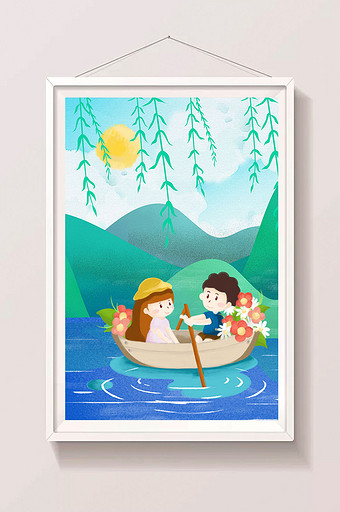 小清新夏天情侣一起划船插画图片