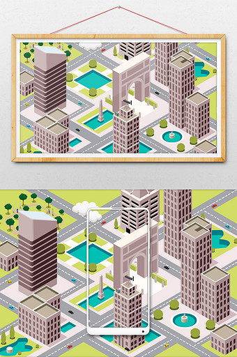 小清新25D立体等距建筑城市场景插画图片