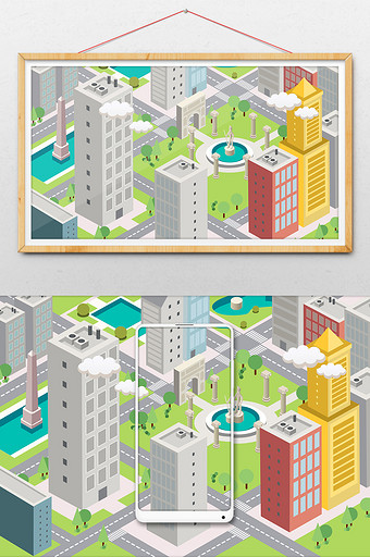 小清新立体等距建筑城市场景插画图片