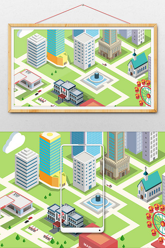创意25D立体等距建筑城市场景插画图片