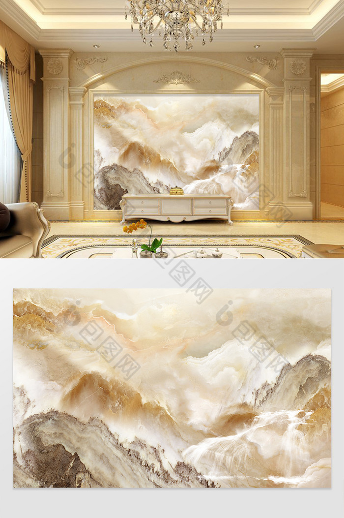 高清3D大理石纹山水花日出背景高山流水图片图片