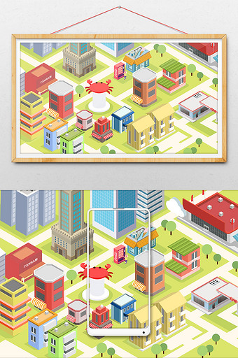 创意小清新25D日本立体等距城市插画图片