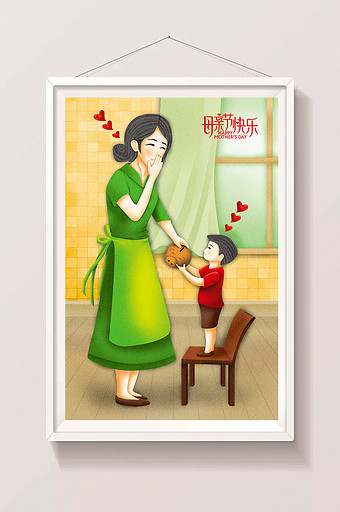 清新母亲节妇女节感恩节存钱罐夏天亲子插画图片