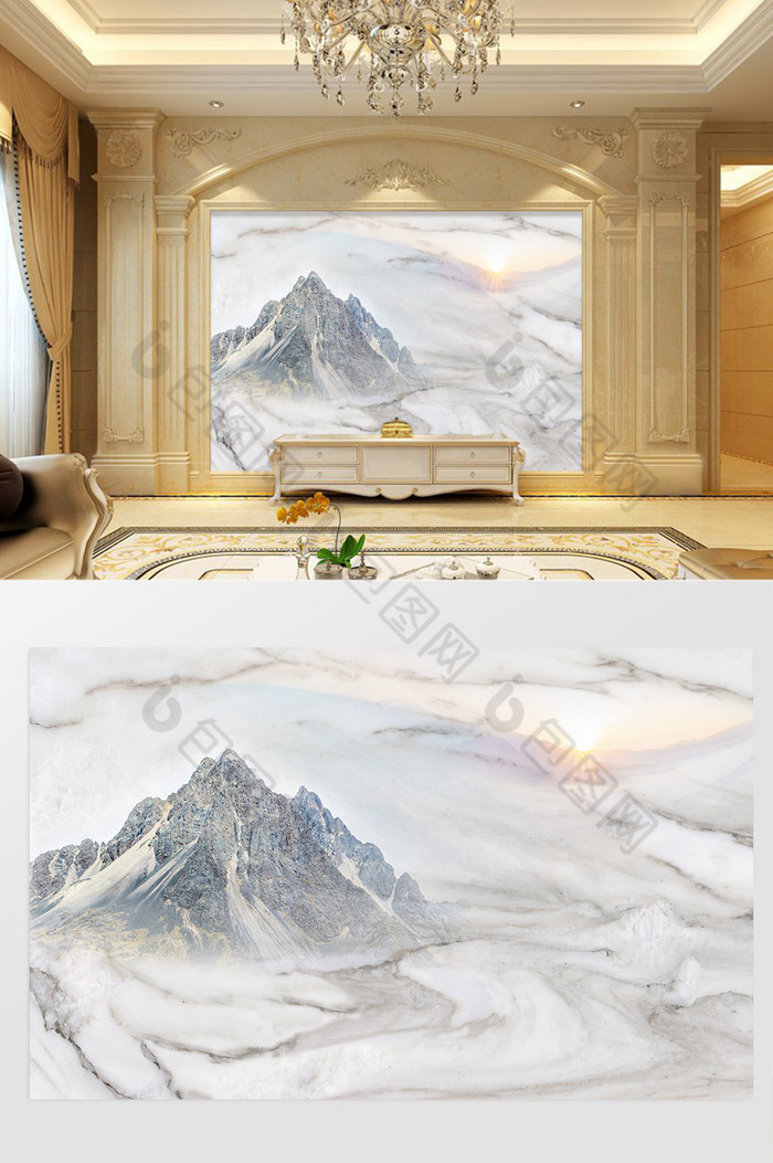 高清3D大理石纹山水花日出背景墙山顶日光图片图片