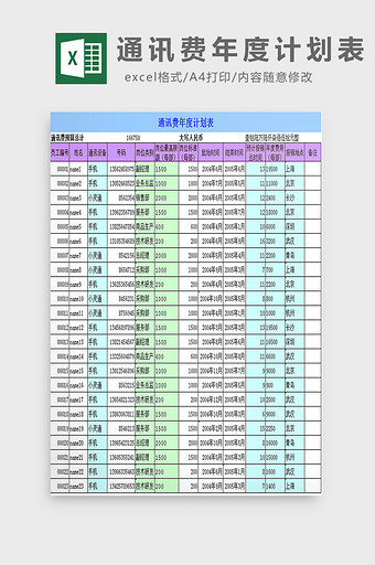 通讯费年度计划表excel模板图片