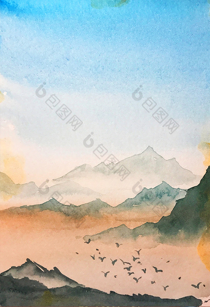 背景素材 【psd】 冷色调夏日山川水彩手绘背景素材 所属分类: 插画