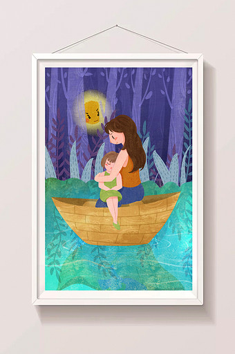 唯美母亲与孩子在梦幻森林的水面上插画图片