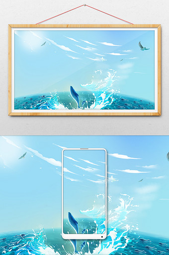 梦幻清新蓝色大海鱼群背景图片
