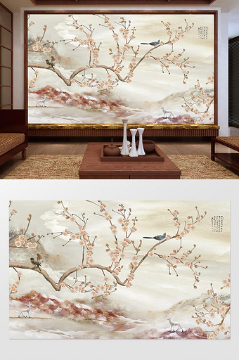 新中式桃花山水画大理石客厅电视背景墙设计图片