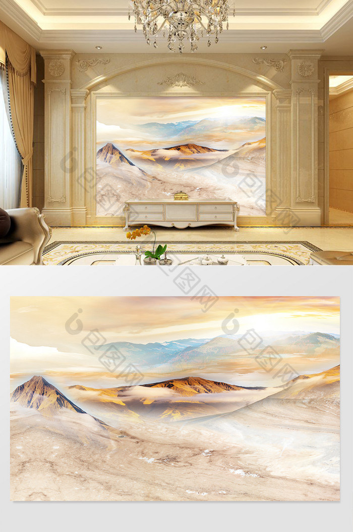高清3D大理石纹山水花日出背景墙日出九州图片图片