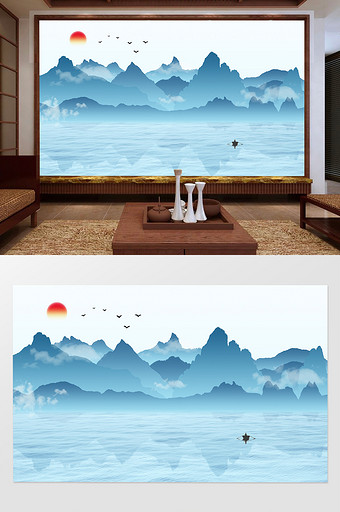 新中式禅意水墨山水画电视沙发背景墙图片