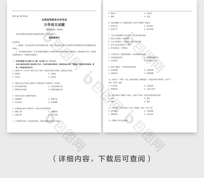 简约小清新边框语文试卷word模板
