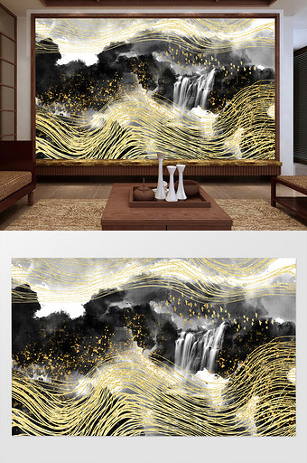 新中式水墨山水金色背景墙图片