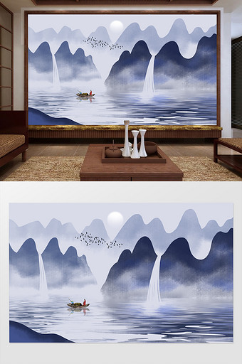 新中式中国风水墨山水画背景墙图片