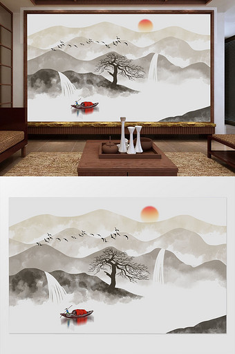 新中式抽象水墨山水画背景墙图片