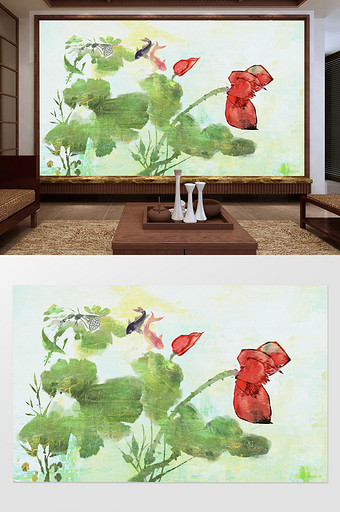 新中式大写意油画荷花客厅背景墙图片