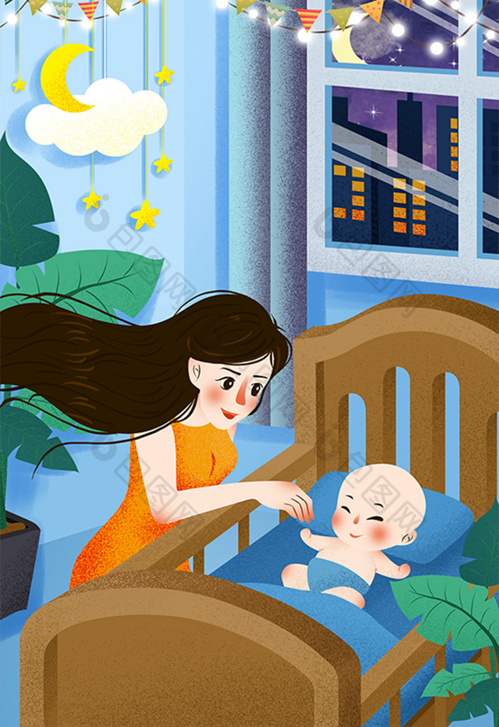 包图 插画 情感表达 【psd】 温馨母亲节母亲哄孩子睡觉晚安卡通插画