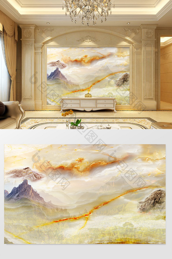 高清3D大理石纹山水花日出背景墙风情图片图片