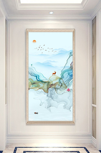 新中式抽象线条山水装饰画玄关设计图片