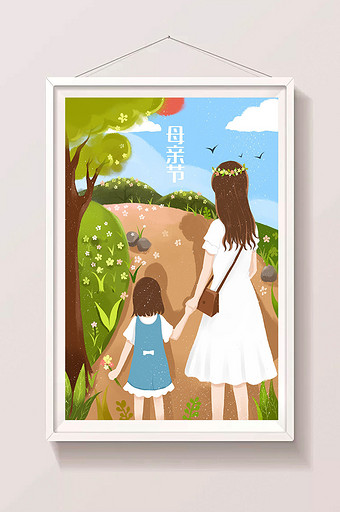 绿色小清新母亲节母女散步插画图片