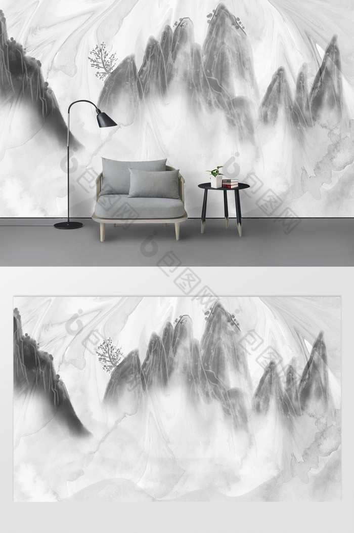高清3D大理石纹山水花日出背景墙烟雨江山图片图片