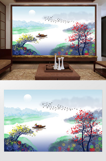 新中式水墨山水田园背景墙图片