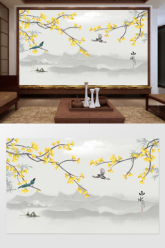 银杏手绘工笔花鸟新中式背景墙装饰画图片
