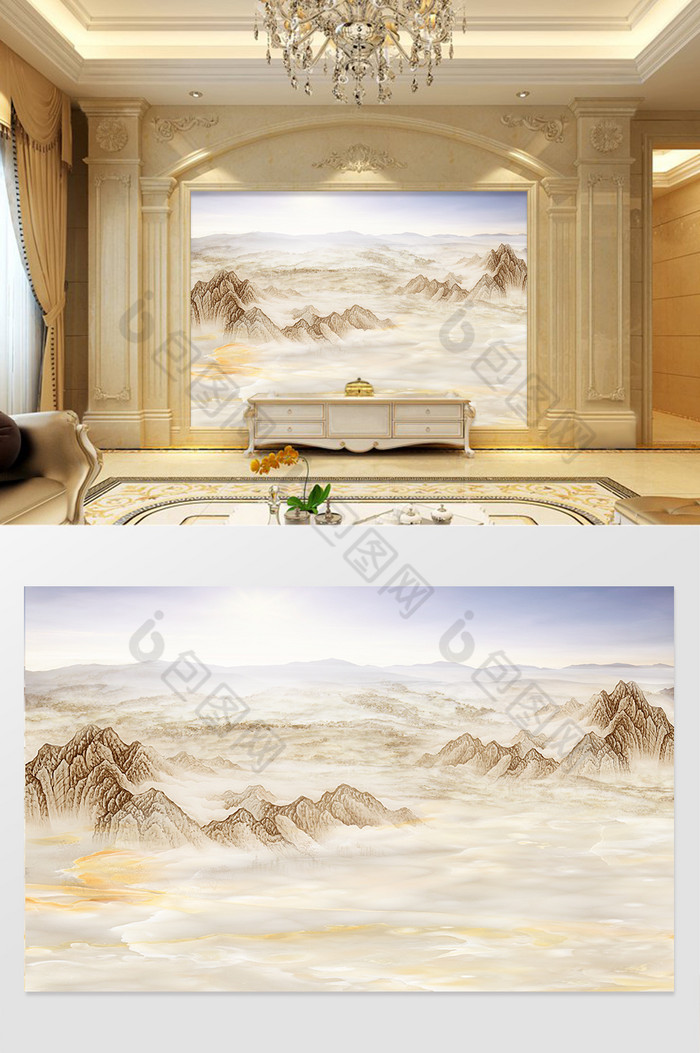 高清3D大理石纹山水花日出背景墙山海图片图片