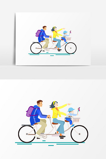 骑单车一家三口插画元素图片