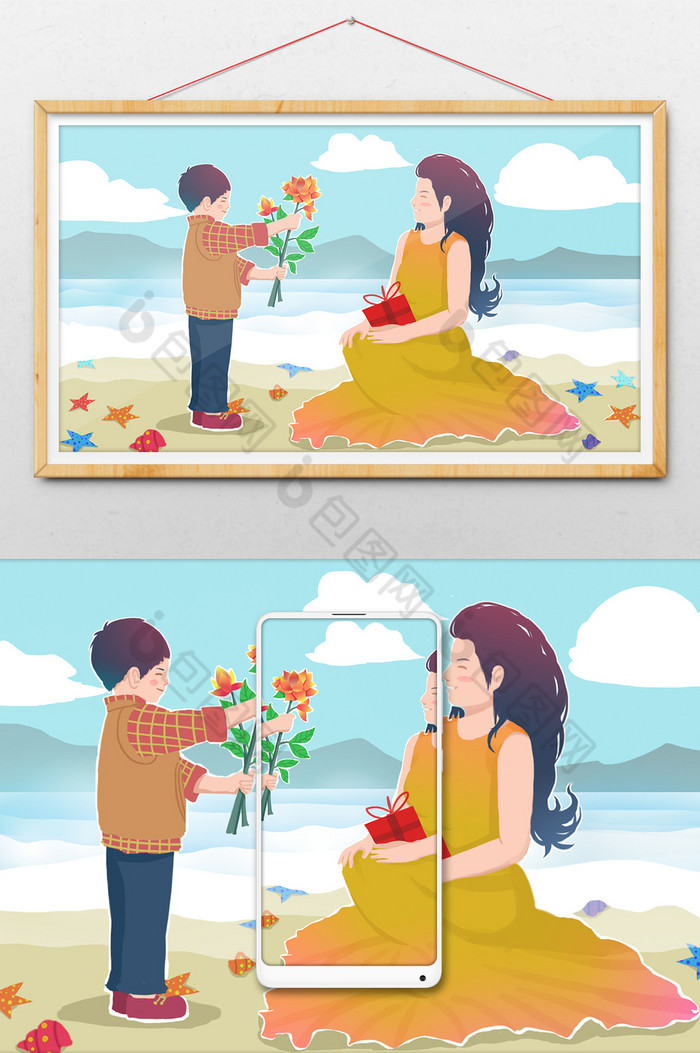 母亲节海滩母子送花图片