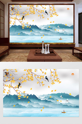 新中式花鸟水墨山水电视背景墙模板设计图片