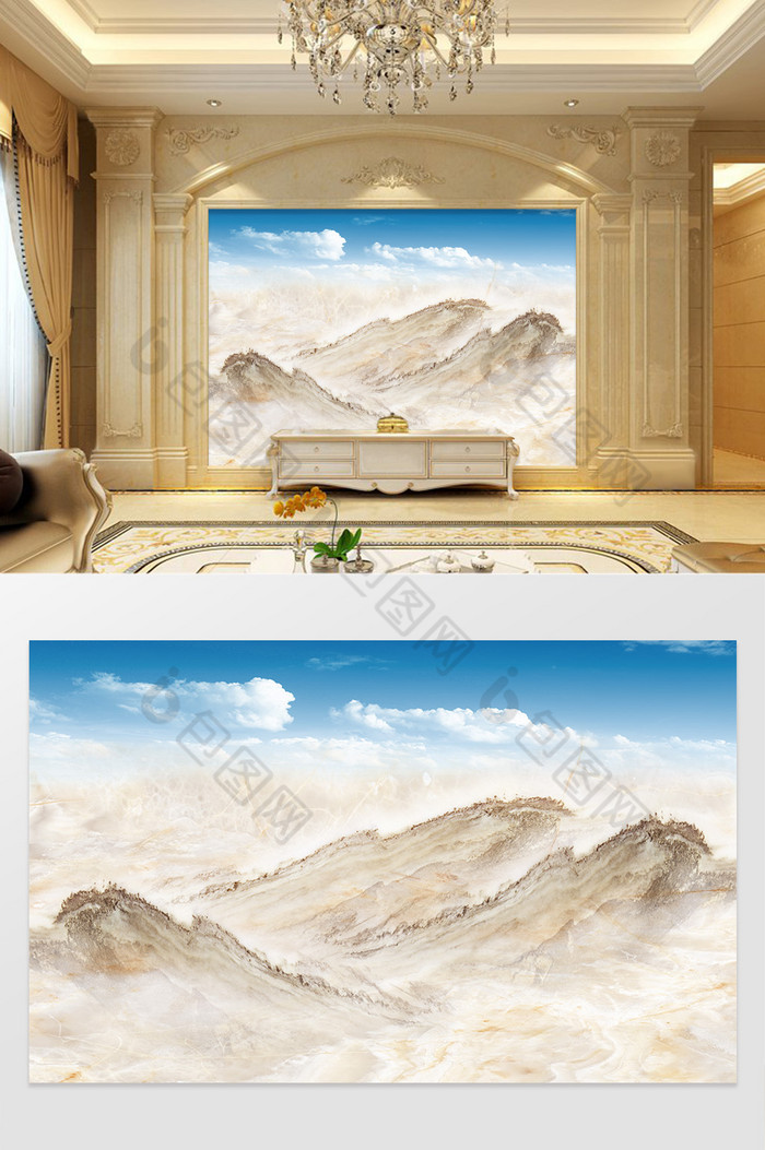 高清3D大理石纹山水花日出背景墙天地悠歌图片图片