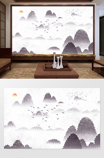 新中式波纹山鸟中式画中国风客厅电视背景墙图片