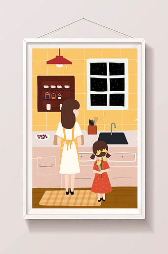 黄色温馨母亲节送花节日插画母女妈妈厨房图片
