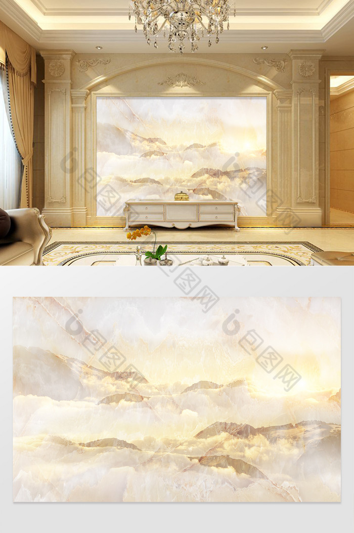 高清3D大理石纹山水日出背景墙风情云海图片图片