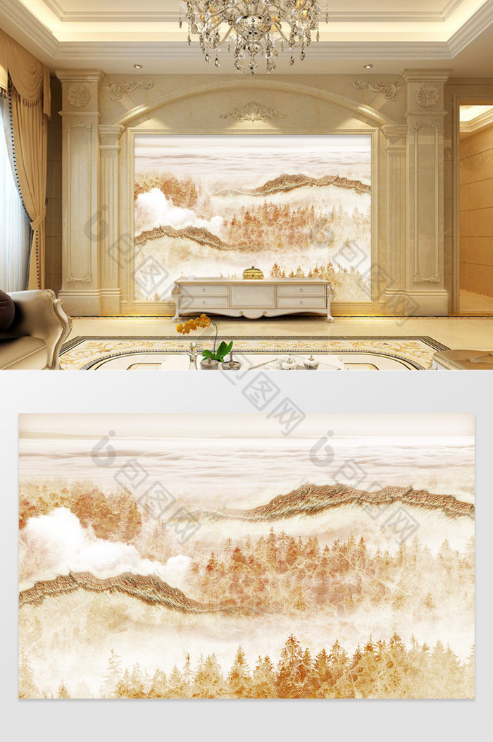 高清3D大理石纹山水花日出背景墙九州山林图片图片