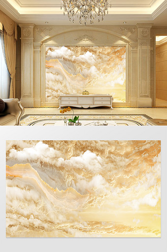 高清3D大理石纹山水花日出背景墙金色云海图片