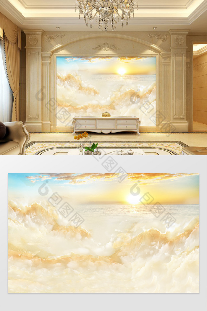 高清3D大理石纹山水花日出背景墙海上日出图片图片