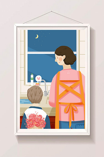 家庭清新可爱母亲节厨房温馨送花插画图片
